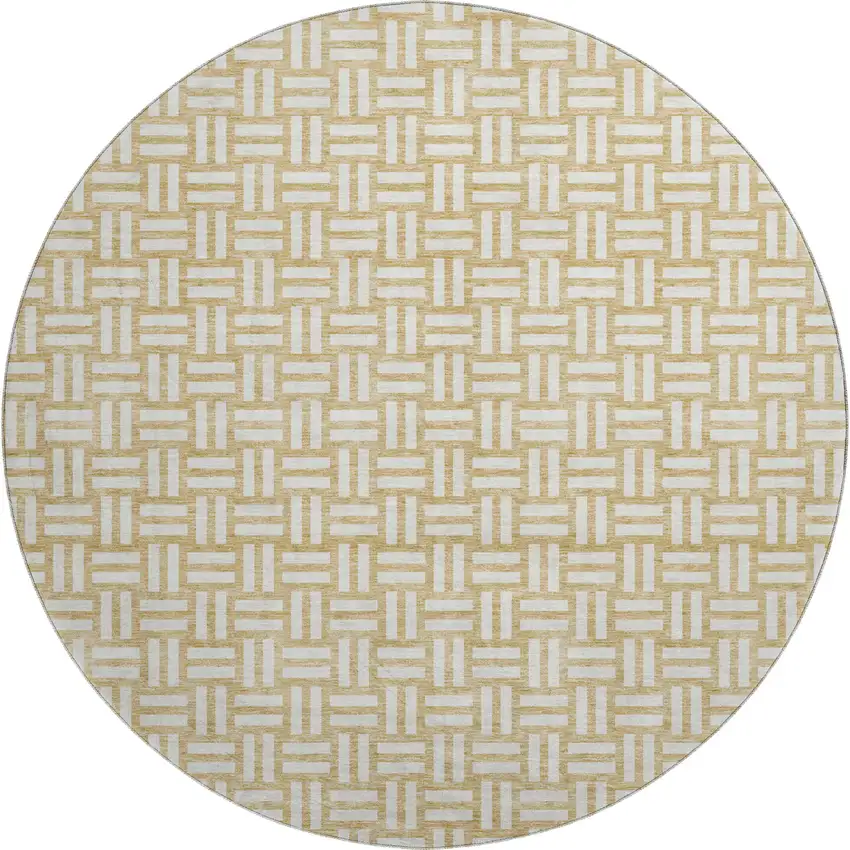 8' Gold And Ivory Abstract Geometric Washable Round Rug With UV Protection Photo 1