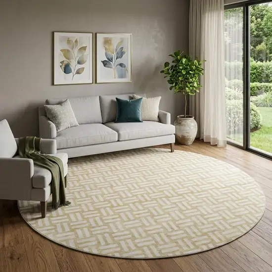 8' Gold And Ivory Abstract Geometric Washable Round Rug With UV Protection Photo 1
