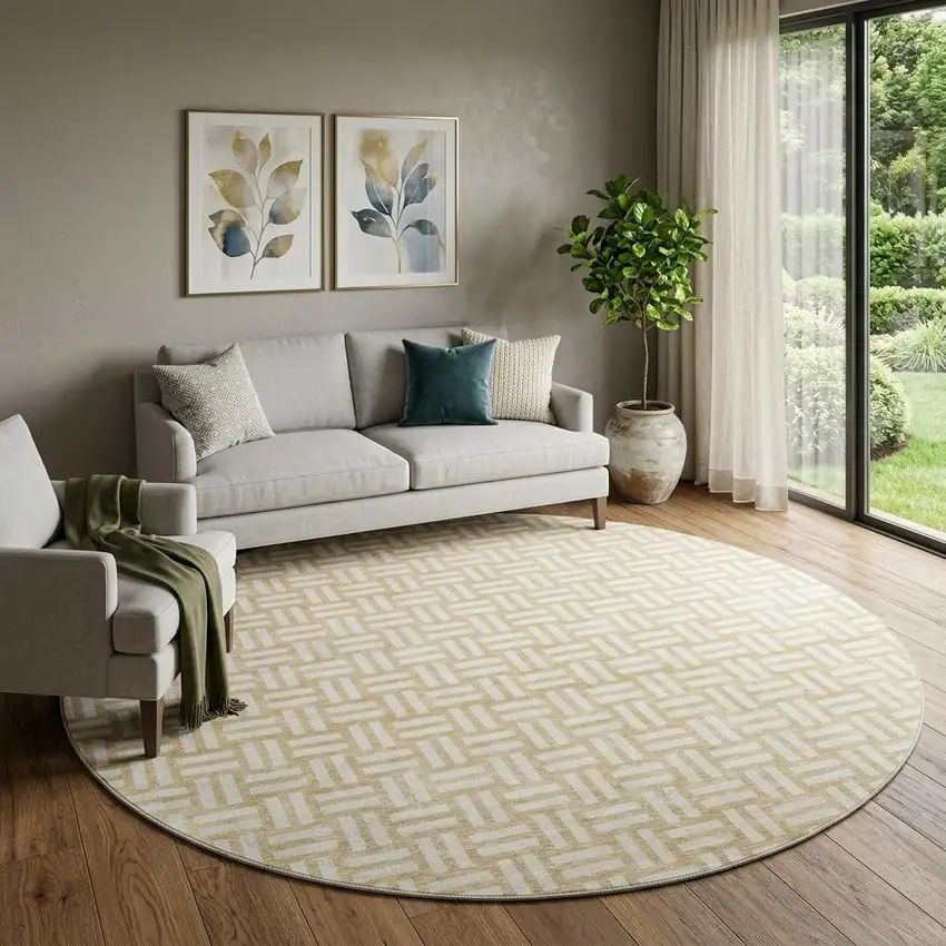 8' Gold And Ivory Abstract Geometric Washable Round Rug With UV Protection Photo 1