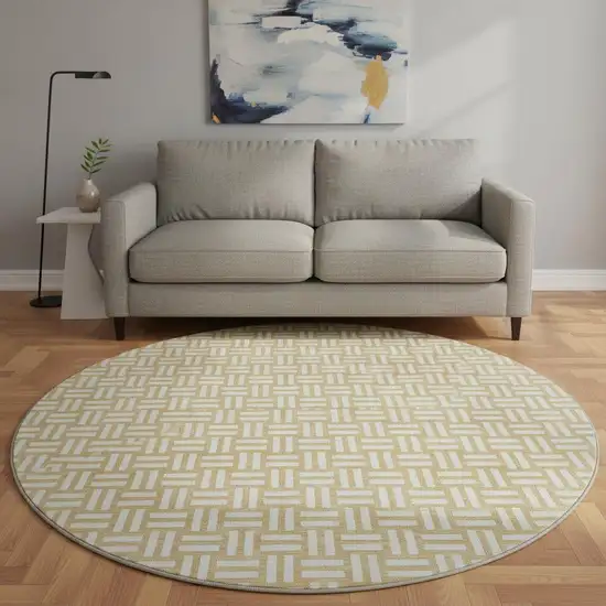 8' Gold And Ivory Abstract Geometric Washable Round Rug With UV Protection Photo 2