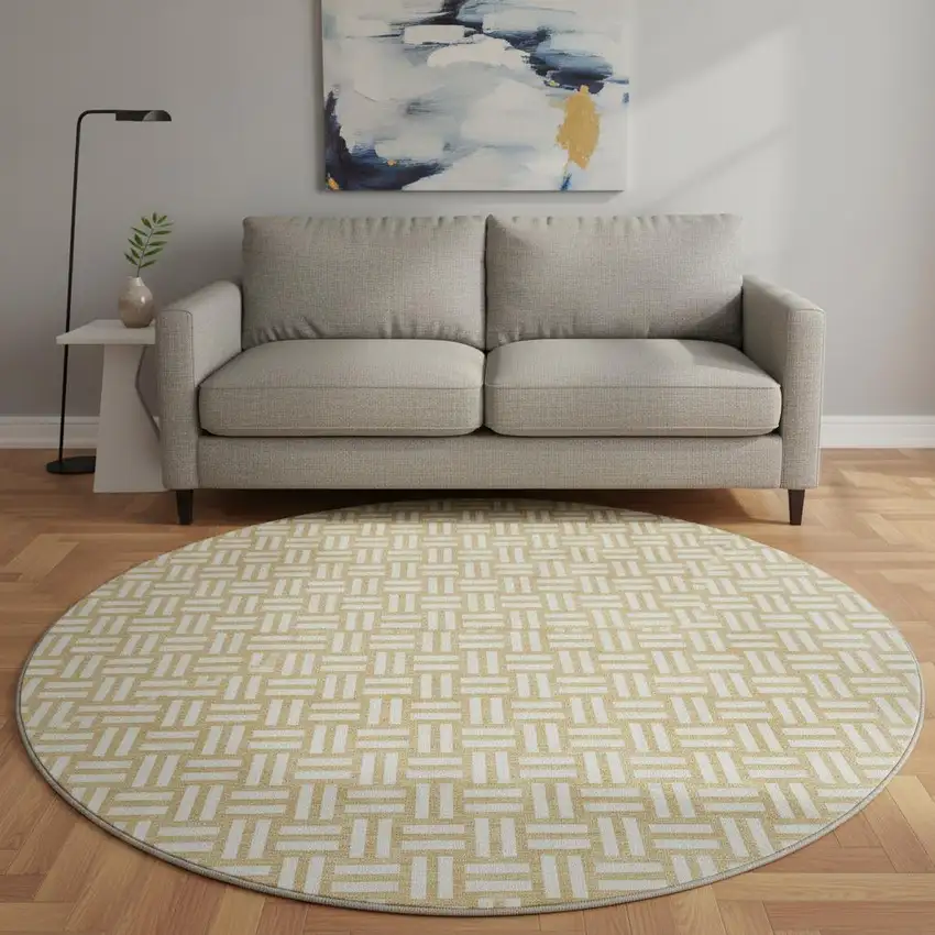 8' Gold And Ivory Abstract Geometric Washable Round Rug With UV Protection Photo 2