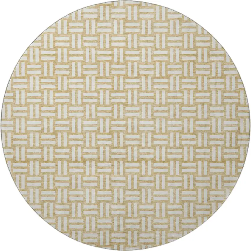 8' Gold And Ivory Abstract Geometric Washable Round Rug With UV Protection Photo 3