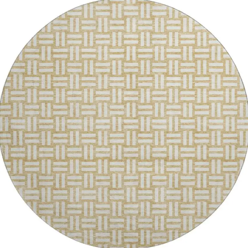 8' Gold And Ivory Abstract Geometric Washable Round Rug With UV Protection Photo 2