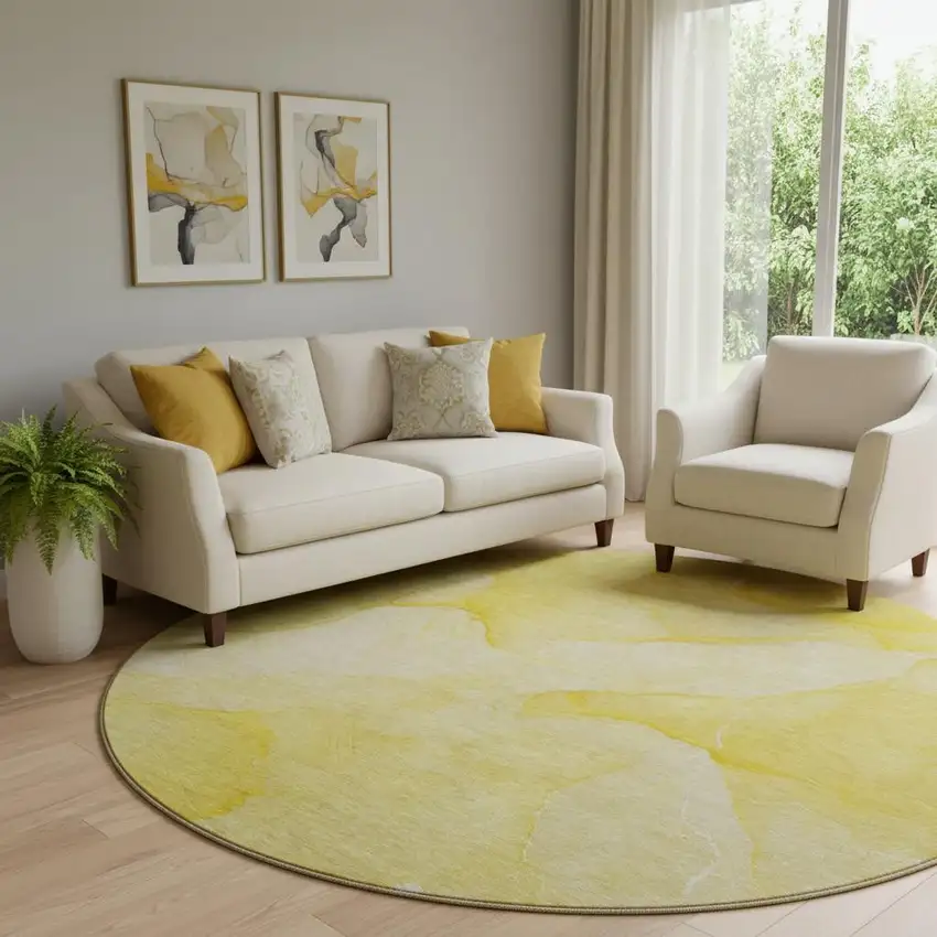 8' Gold And Ivory Abstract Washable Round Rug With UV Protection Photo 1