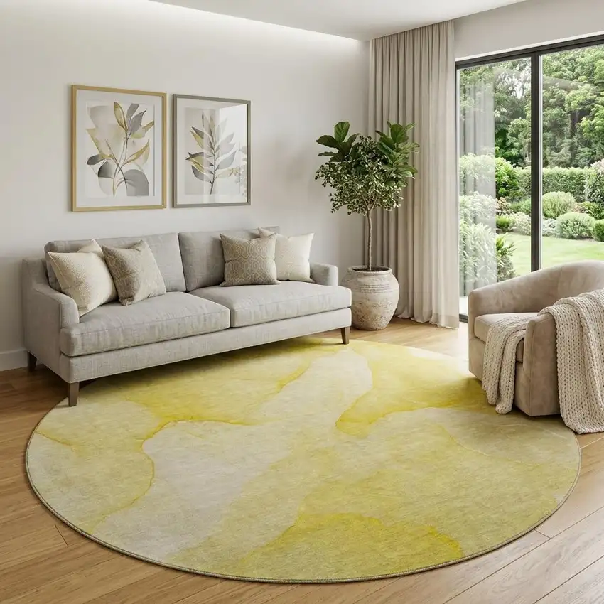8' Gold And Ivory Abstract Washable Round Rug With UV Protection Photo 1