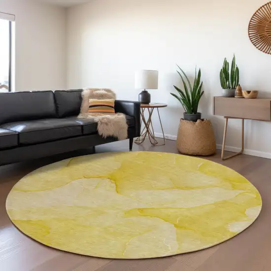 8' Gold And Ivory Abstract Washable Round Rug With UV Protection Photo 4