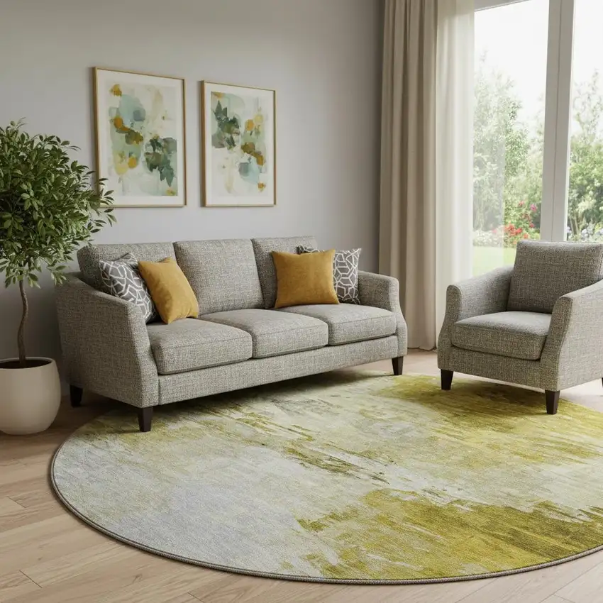 8' Gold And Ivory Abstract Washable Round Rug With UV Protection Photo 1