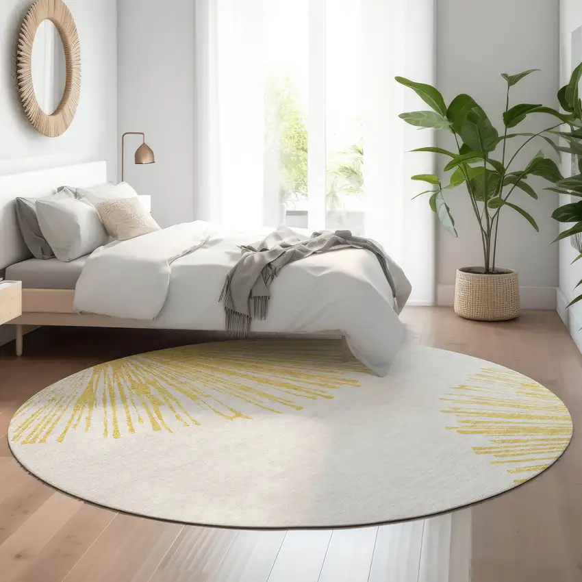 8' Gold And Ivory Abstract Washable Round Rug With UV Protection Photo 4