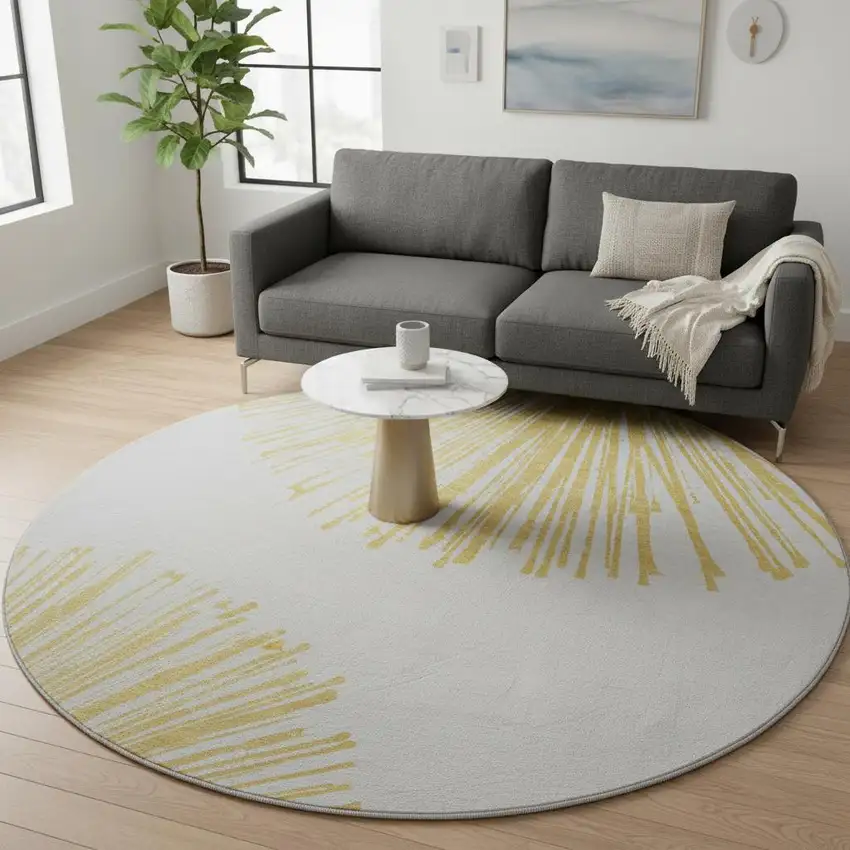 8' Gold And Ivory Abstract Washable Round Rug With UV Protection Photo 2
