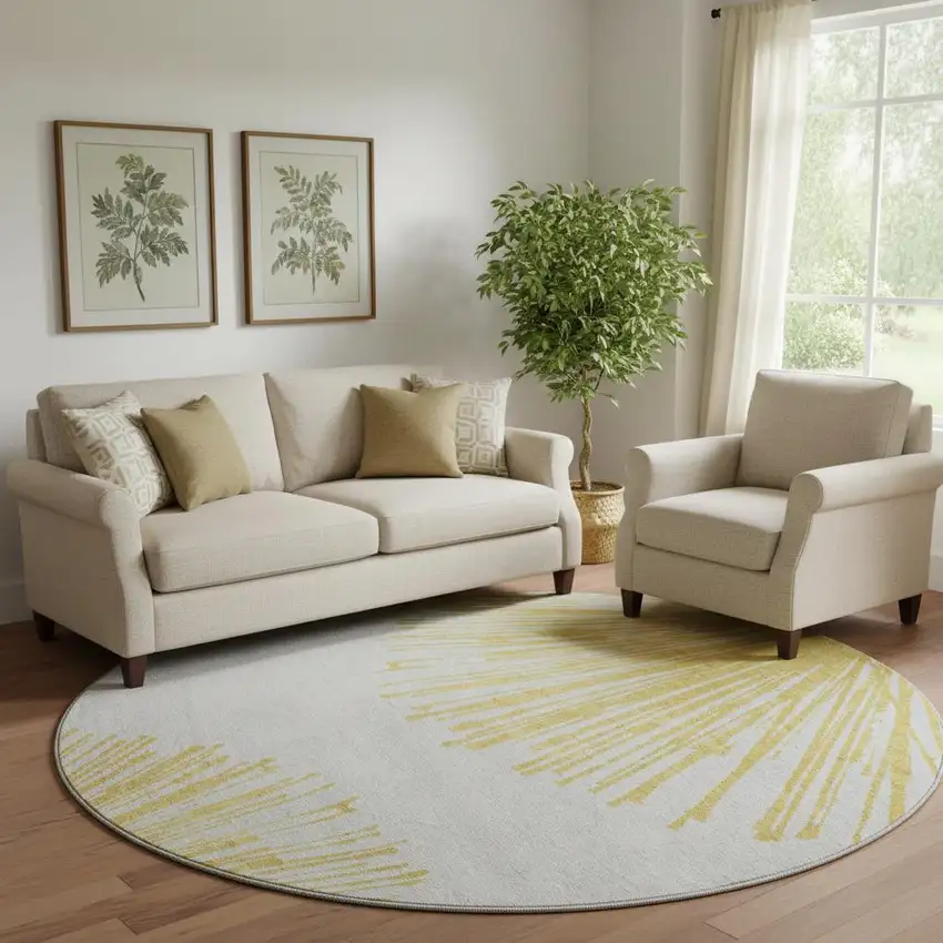 8' Gold And Ivory Abstract Washable Round Rug With UV Protection Photo 1
