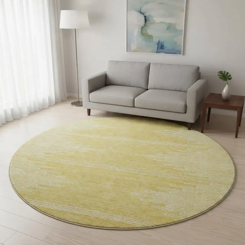 8' Gold And Ivory Abstract Washable Round Rug With UV Protection Photo 2