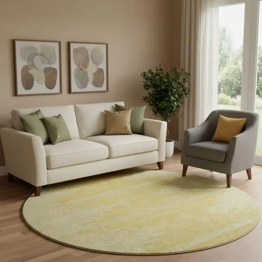 8' Gold And Ivory Abstract Washable Round Rug With UV Protection Photo 1