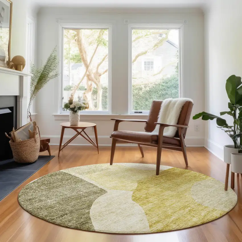 8' Gold And Ivory Abstract Washable Round Rug With UV Protection Photo 4