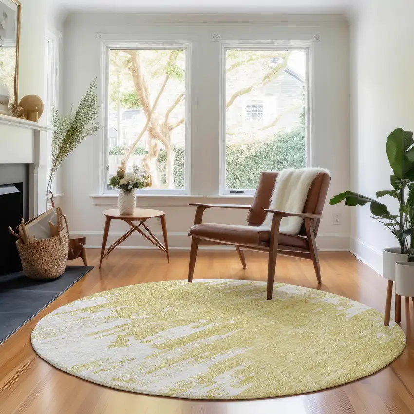 8' Gold And Ivory Abstract Washable Round Rug With UV Protection Photo 4