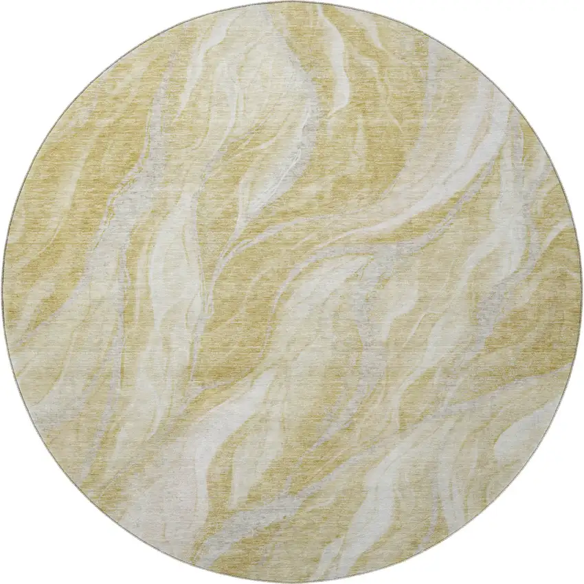 8' Gold And Ivory Abstract Washable Round Rug With UV Protection Photo 3