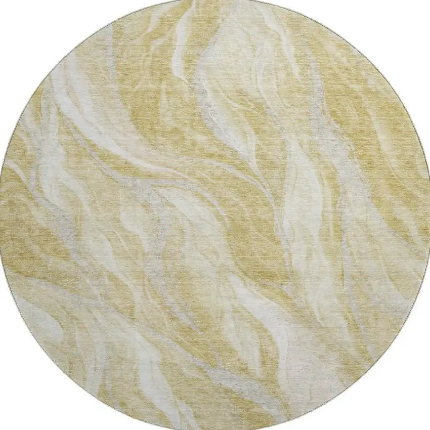 8' Gold And Ivory Abstract Washable Round Rug With UV Protection Photo 4