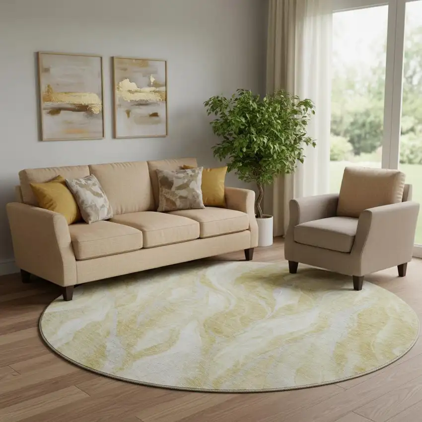 8' Gold And Ivory Abstract Washable Round Rug With UV Protection Photo 1