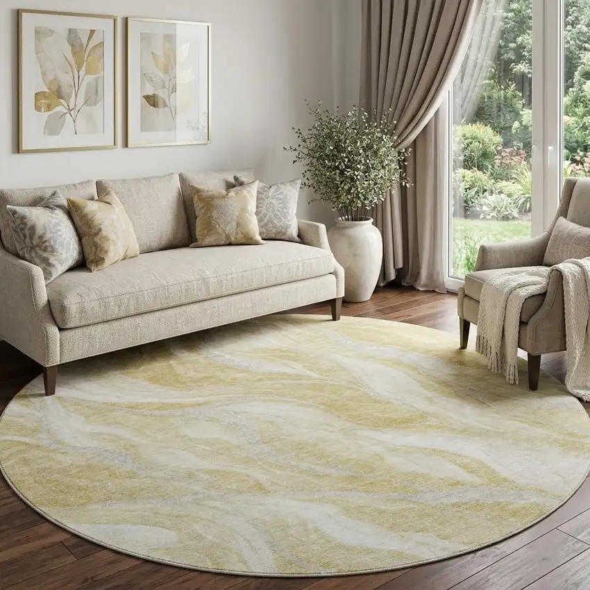 8' Gold And Ivory Abstract Washable Round Rug With UV Protection Photo 1