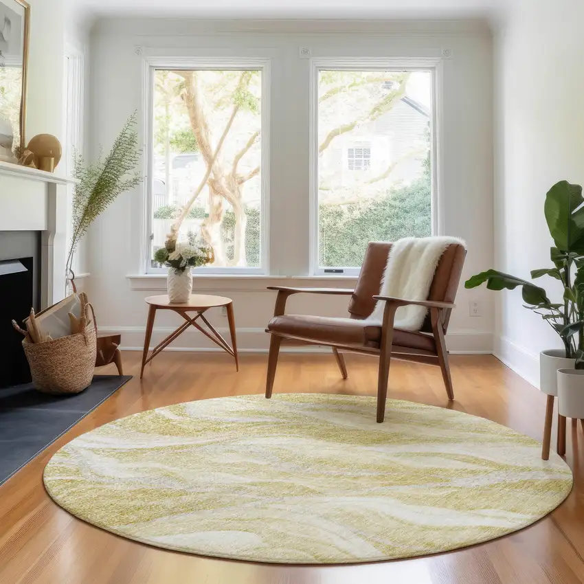 8' Gold And Ivory Abstract Washable Round Rug With UV Protection Photo 5