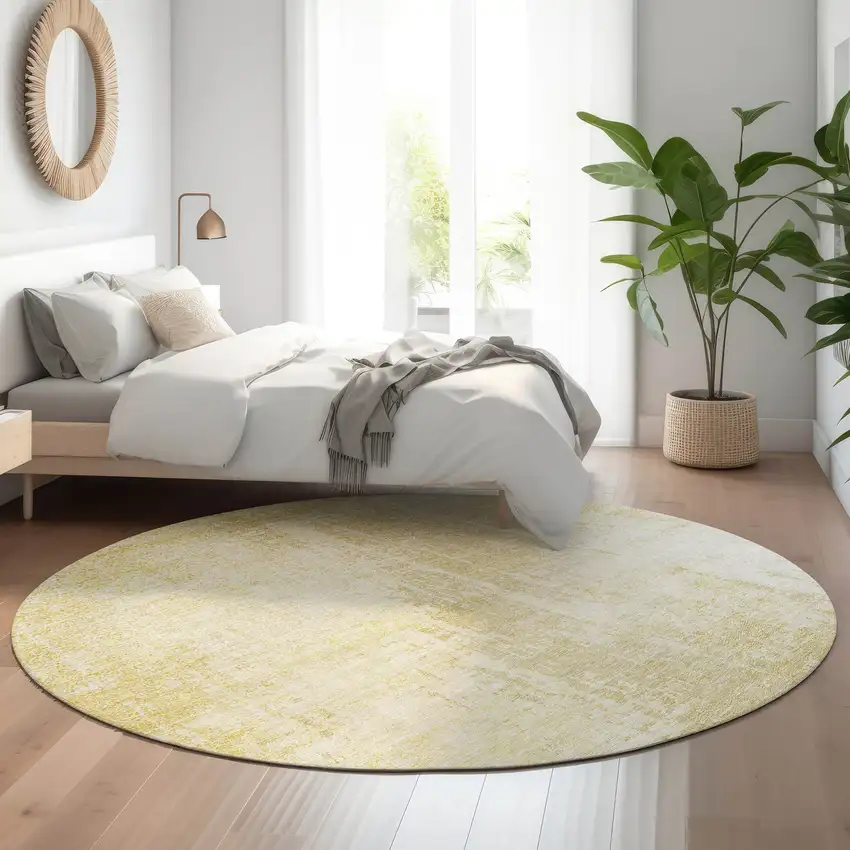 8' Gold And Ivory Abstract Washable Round Rug With UV Protection Photo 5
