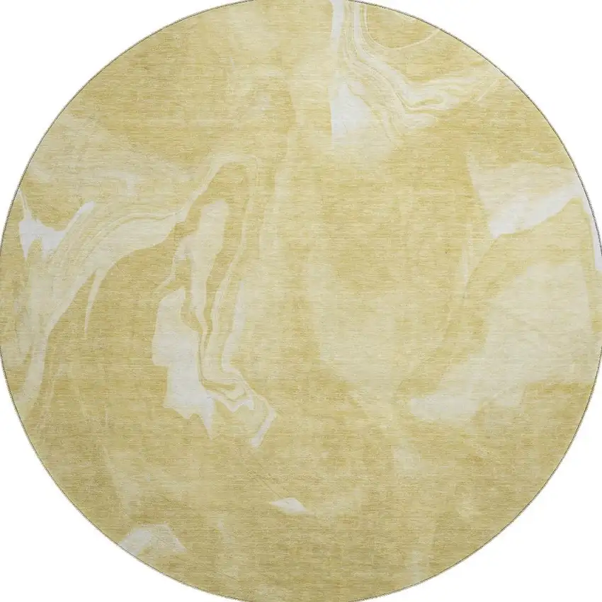 8' Gold And Ivory Abstract Washable Round Rug With UV Protection Photo 3