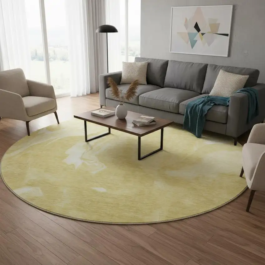 8' Gold And Ivory Abstract Washable Round Rug With UV Protection Photo 2