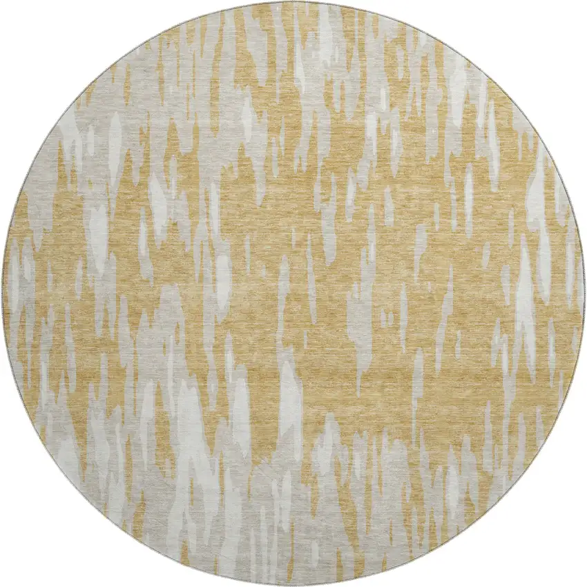 8' Gold And Ivory Abstract Washable Round Rug With UV Protection Photo 1