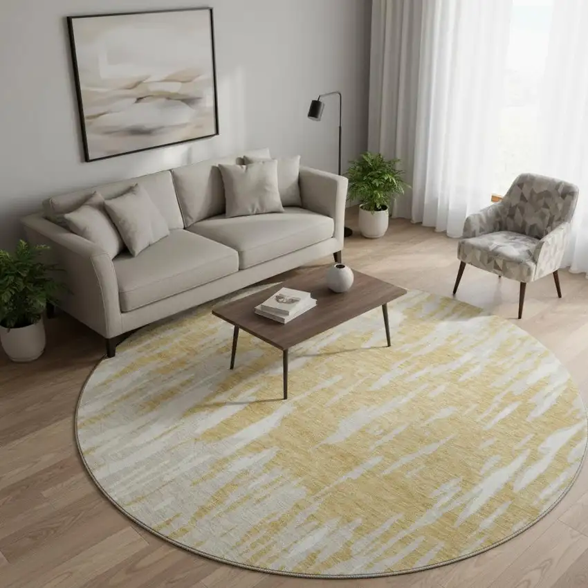 8' Gold And Ivory Abstract Washable Round Rug With UV Protection Photo 2