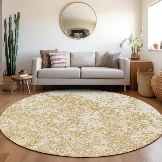8' Gold And Ivory Abstract Washable Round Rug With UV Protection Photo 4