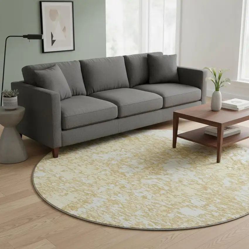 8' Gold And Ivory Abstract Washable Round Rug With UV Protection Photo 2