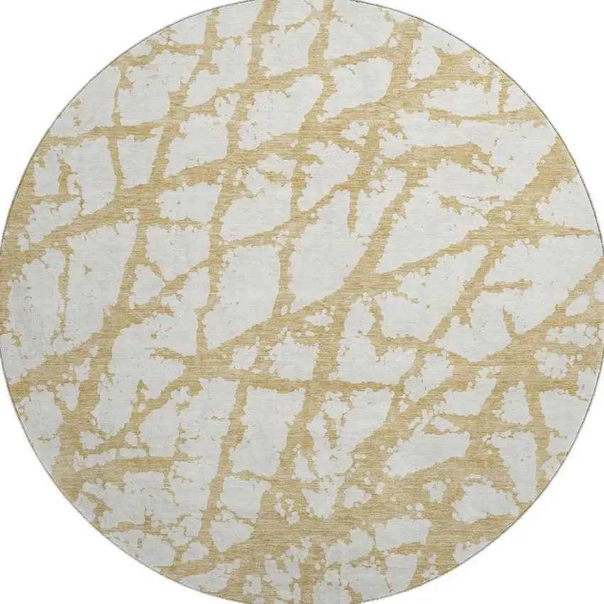 8' Gold And Ivory Abstract Washable Round Rug With UV Protection Photo 3