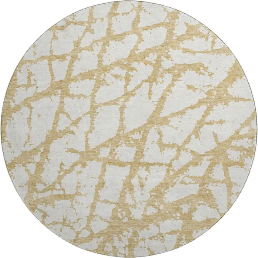 8' Gold And Ivory Abstract Washable Round Rug With UV Protection Photo 1