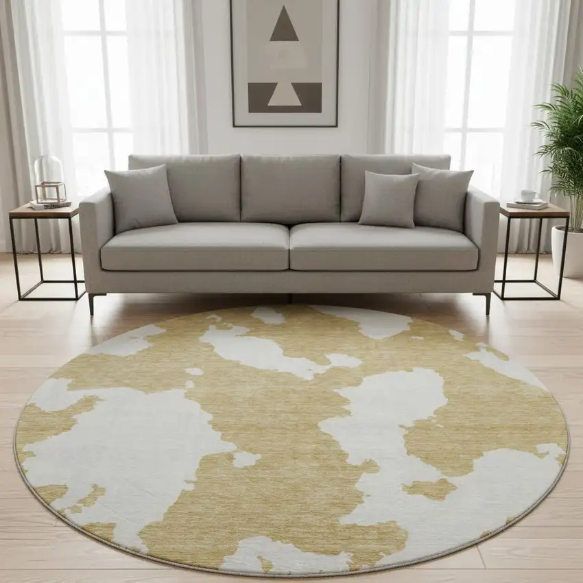 8' Gold And Ivory Abstract Washable Round Rug With UV Protection Photo 2
