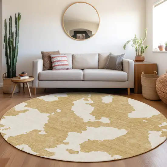 8' Gold And Ivory Abstract Washable Round Rug With UV Protection Photo 4