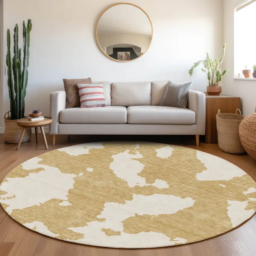 8' Gold And Ivory Abstract Washable Round Rug With UV Protection Photo 4