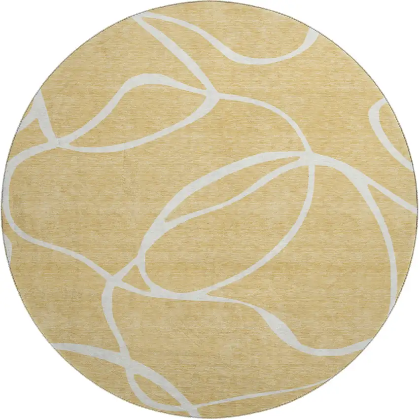 8' Gold And Ivory Abstract Washable Round Rug With UV Protection Photo 1