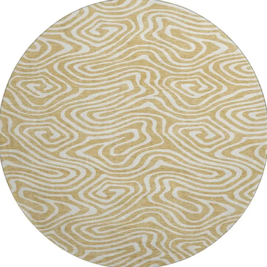 8' Gold And Ivory Abstract Washable Round Rug With UV Protection Photo 3
