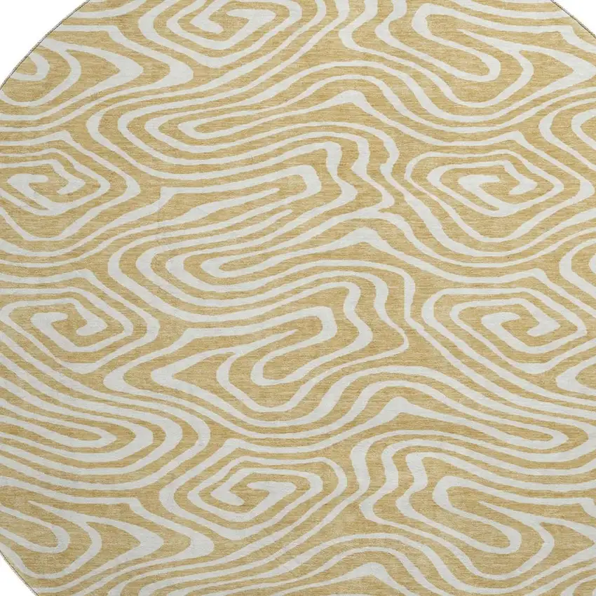 8' Gold And Ivory Abstract Washable Round Rug With UV Protection Photo 2