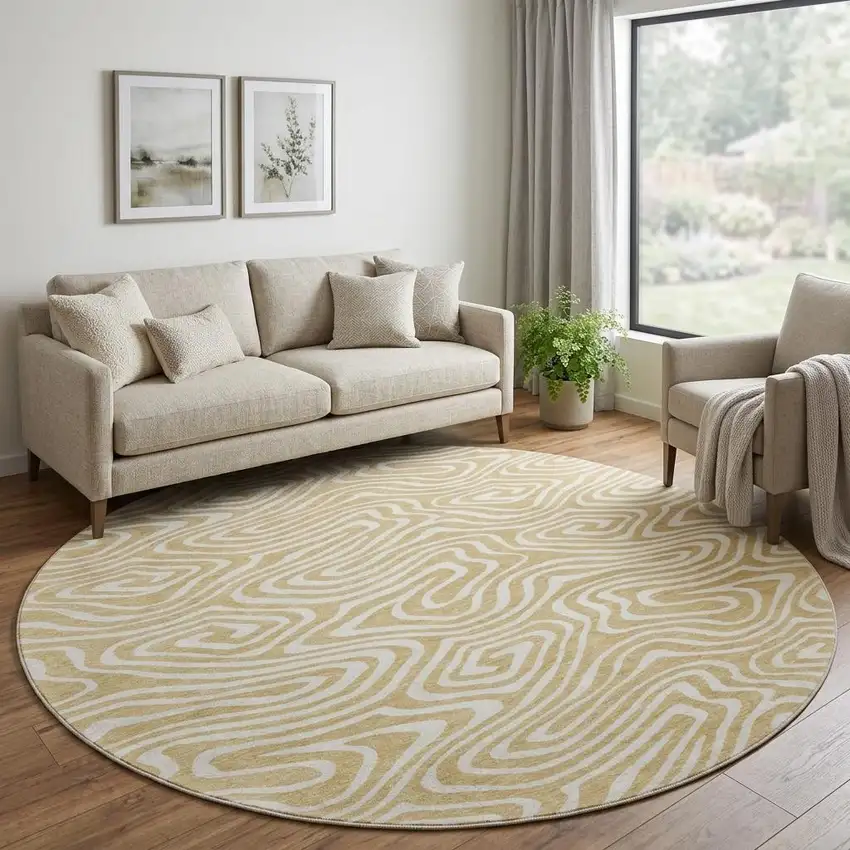 8' Gold And Ivory Abstract Washable Round Rug With UV Protection Photo 1