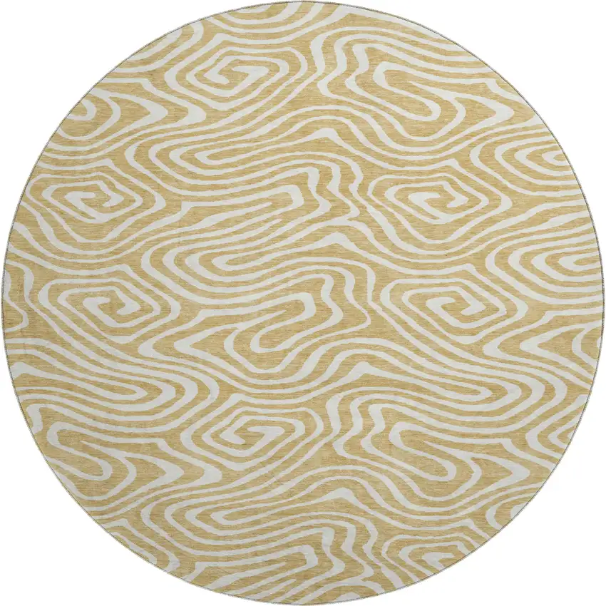 8' Gold And Ivory Abstract Washable Round Rug With UV Protection Photo 1