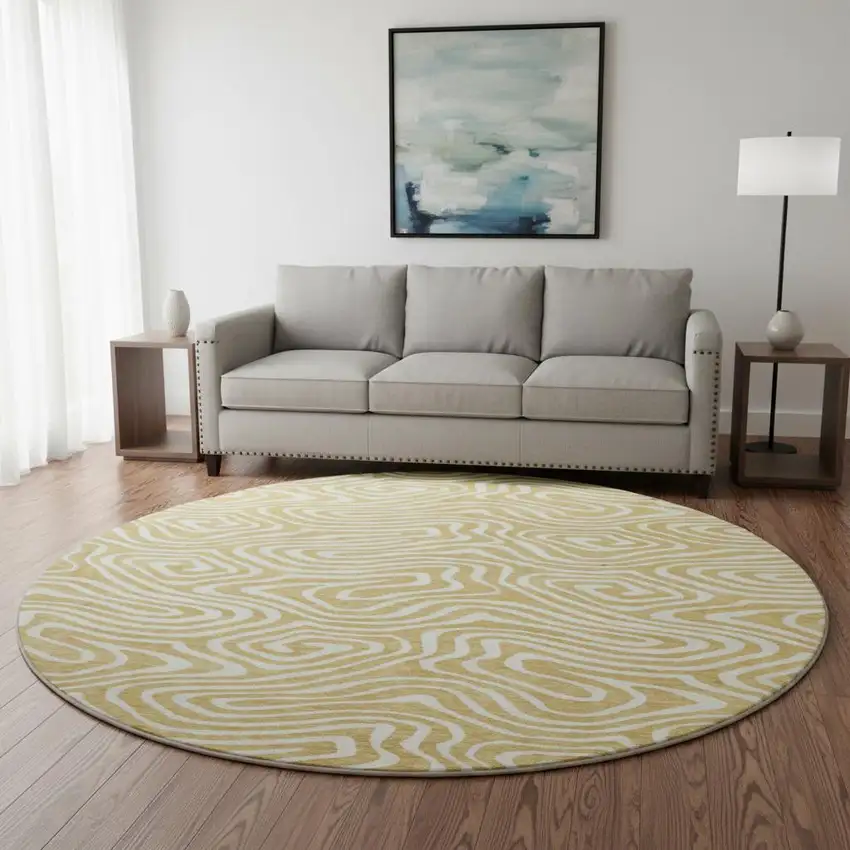 8' Gold And Ivory Abstract Washable Round Rug With UV Protection Photo 2