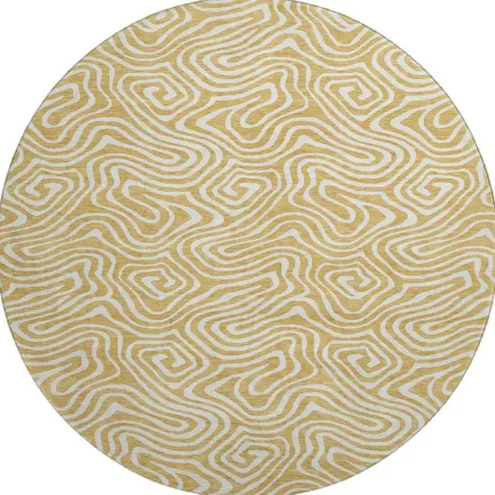 8' Gold And Ivory Abstract Washable Round Rug With UV Protection Photo 3