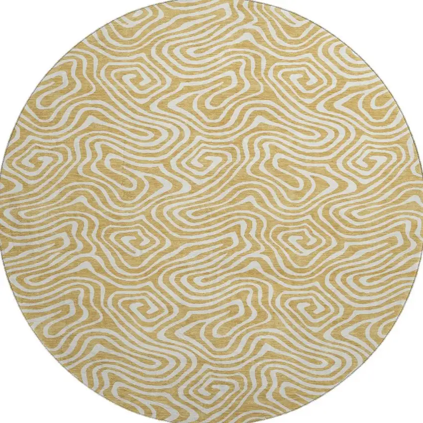 8' Gold And Ivory Abstract Washable Round Rug With UV Protection Photo 3