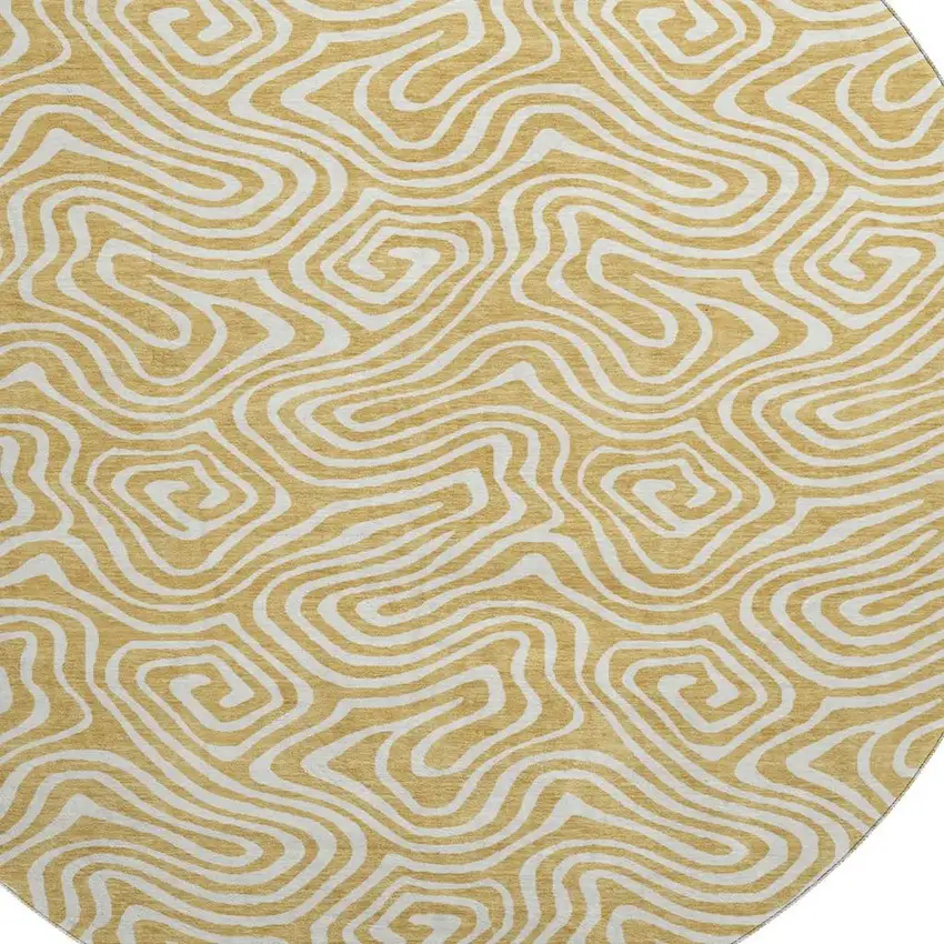 8' Gold And Ivory Abstract Washable Round Rug With UV Protection Photo 2