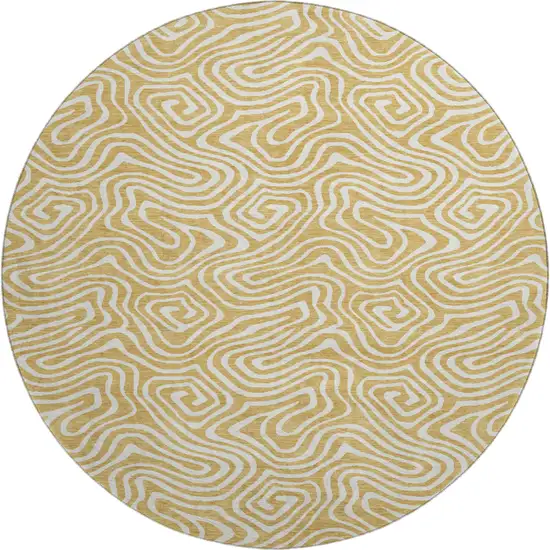 8' Gold And Ivory Abstract Washable Round Rug With UV Protection Photo 1