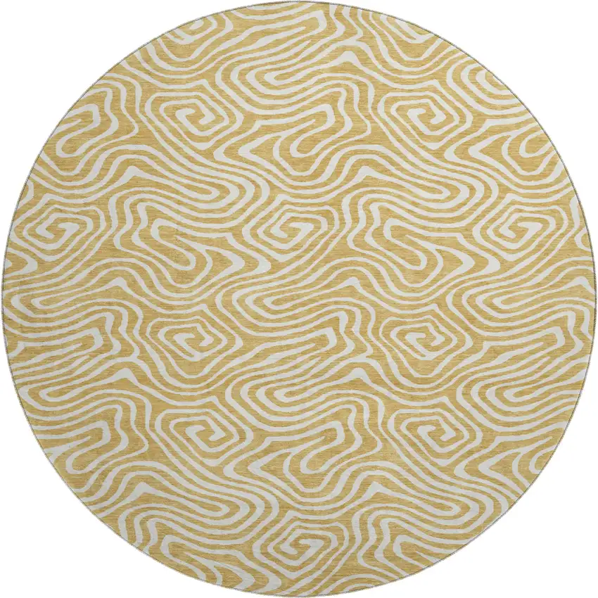 8' Gold And Ivory Abstract Washable Round Rug With UV Protection Photo 1