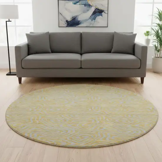 8' Gold And Ivory Abstract Washable Round Rug With UV Protection Photo 2