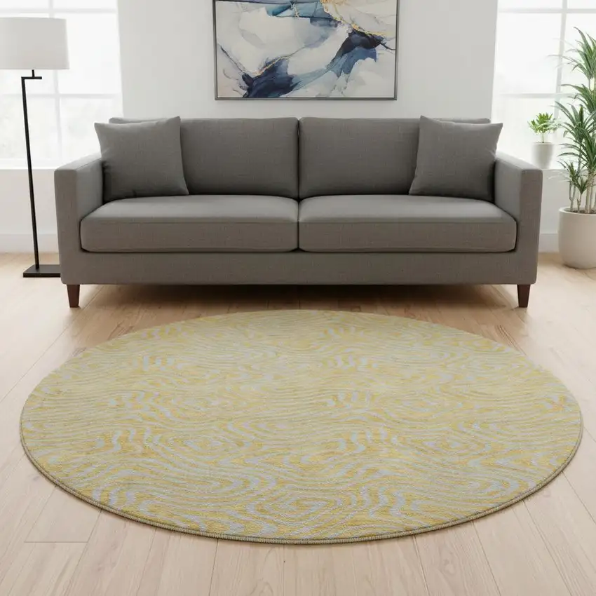 8' Gold And Ivory Abstract Washable Round Rug With UV Protection Photo 2