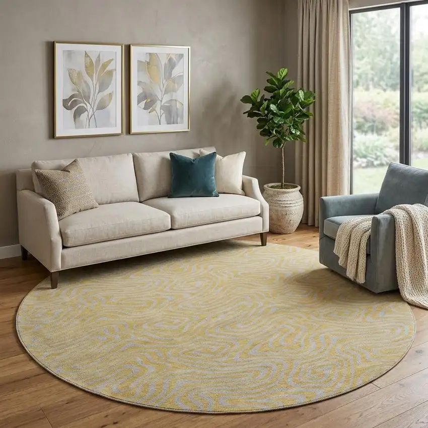 8' Gold And Ivory Abstract Washable Round Rug With UV Protection Photo 1