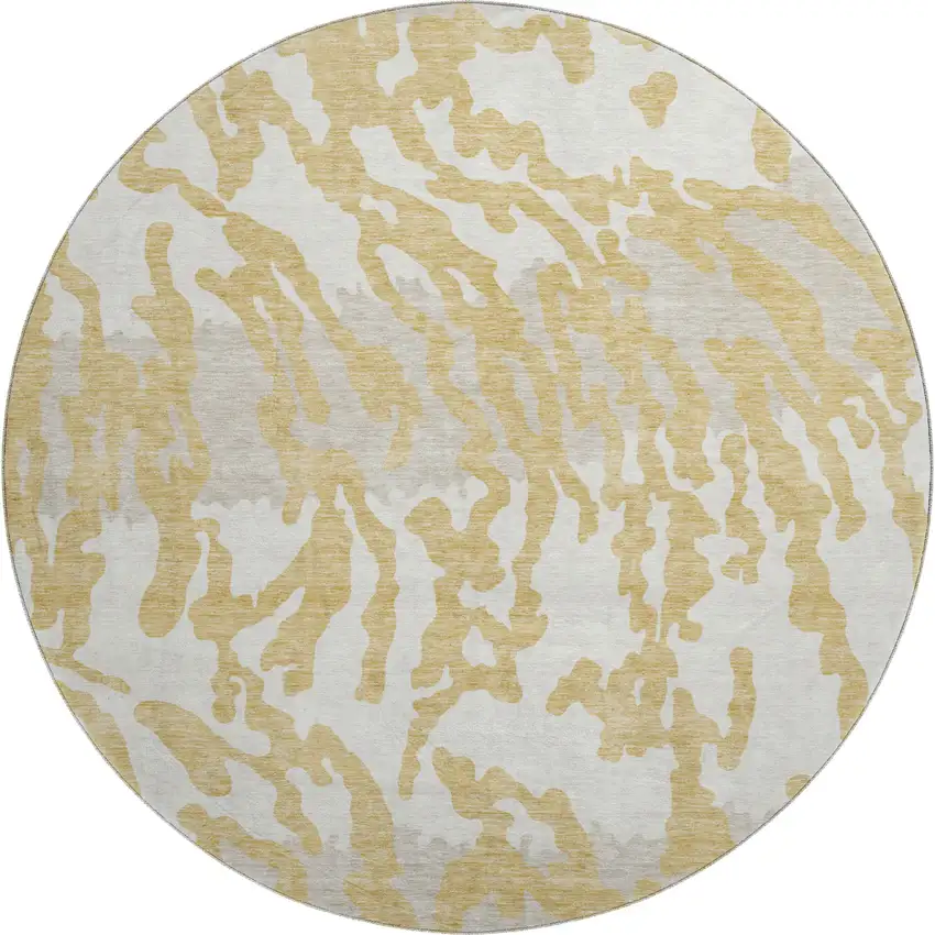 8' Gold And Ivory Animal Print Washable Round Rug With UV Protection Photo 1